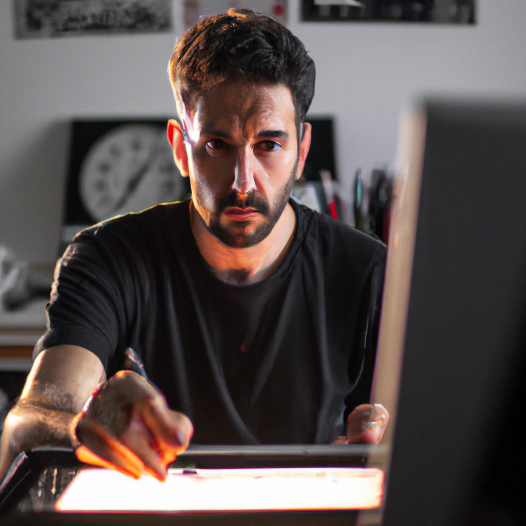Retrato de Martín Valdés, retocador en estación de trabajo con luz suave